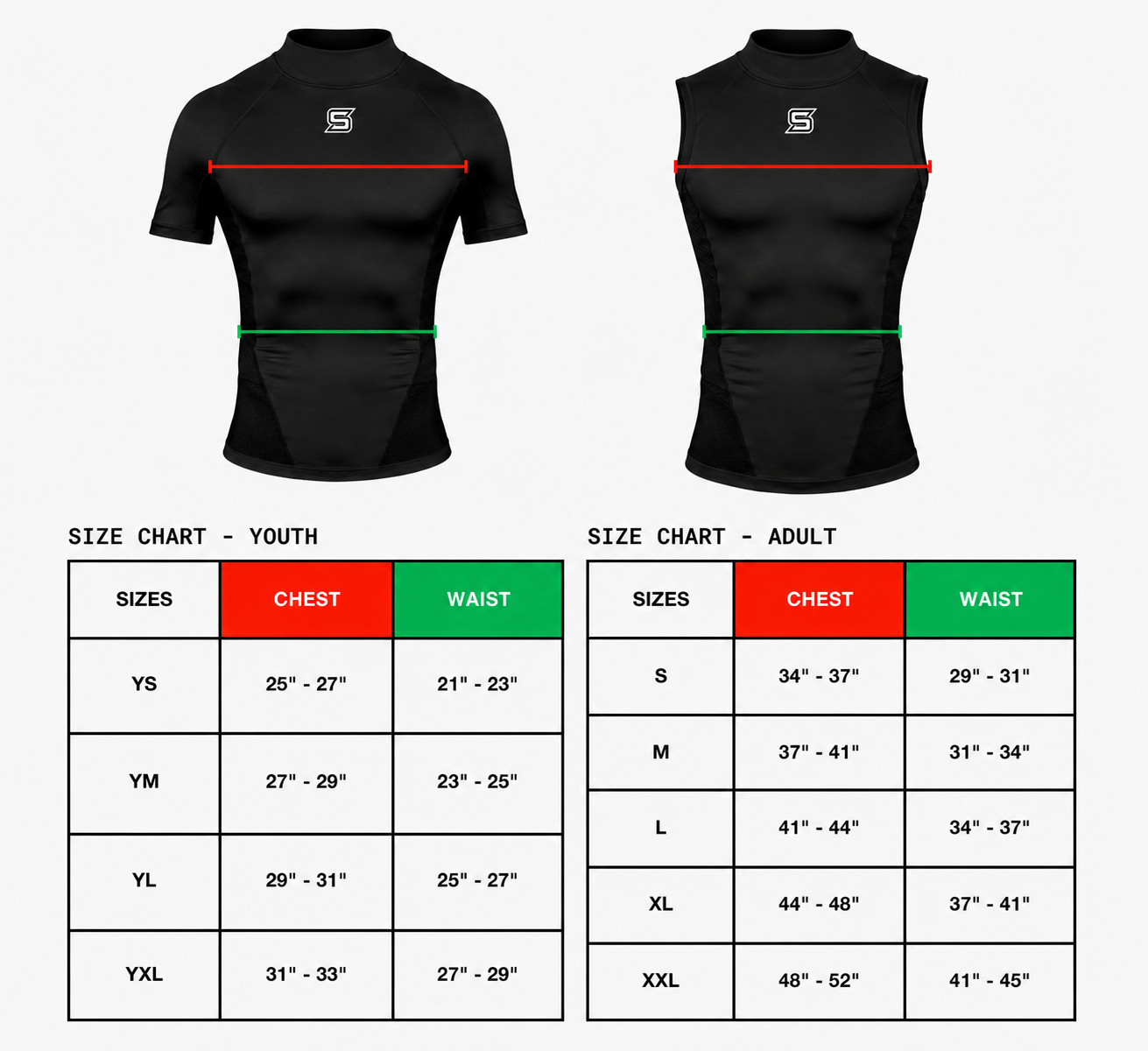 Sleevz Athletics compression shirt size chart showing youth and adult chest and waist measurements